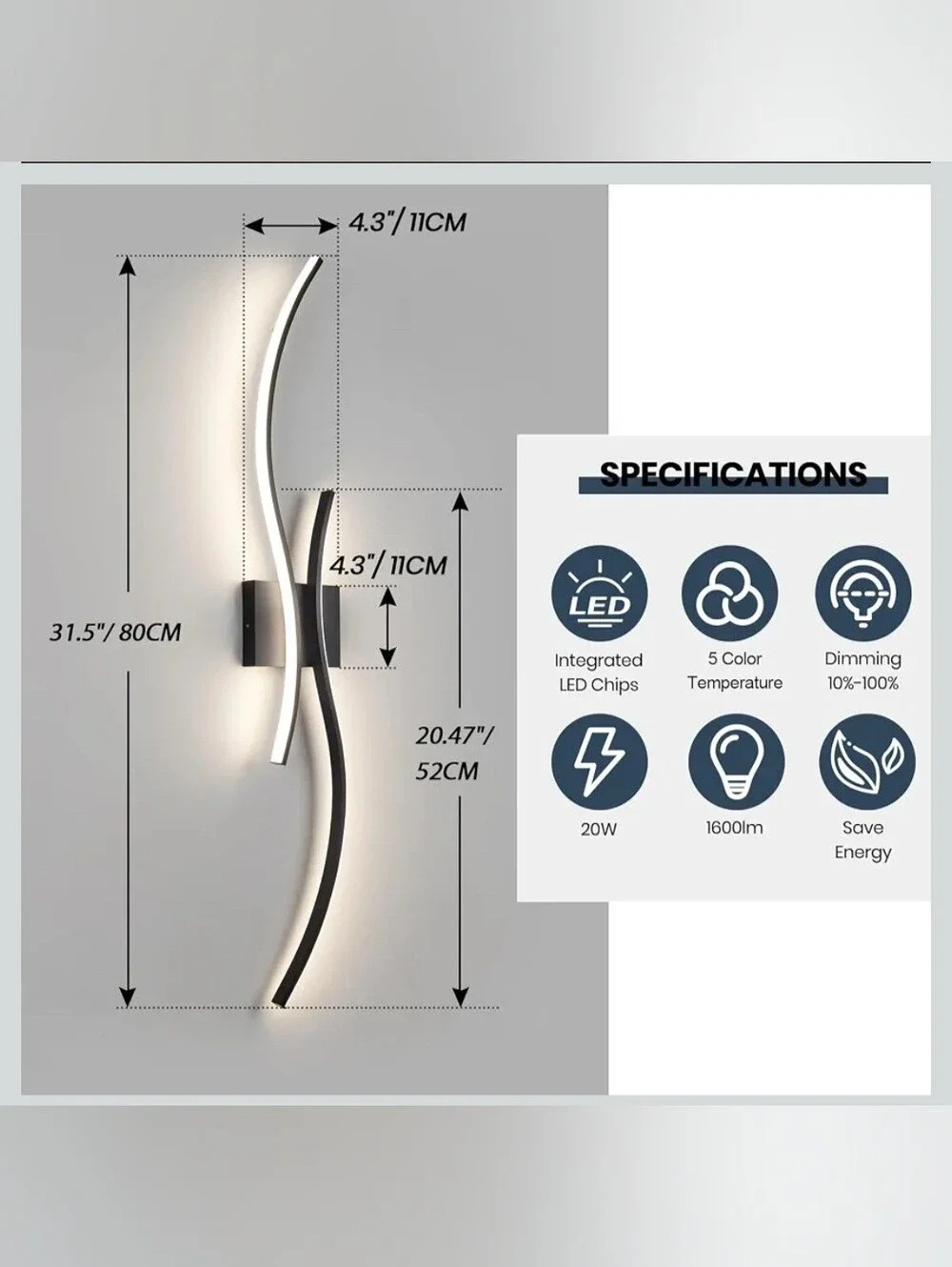 CANEOE Modern Wall Sconce Set of Two, 5CCT Dimmable Indoor Led Wall Sconce Light